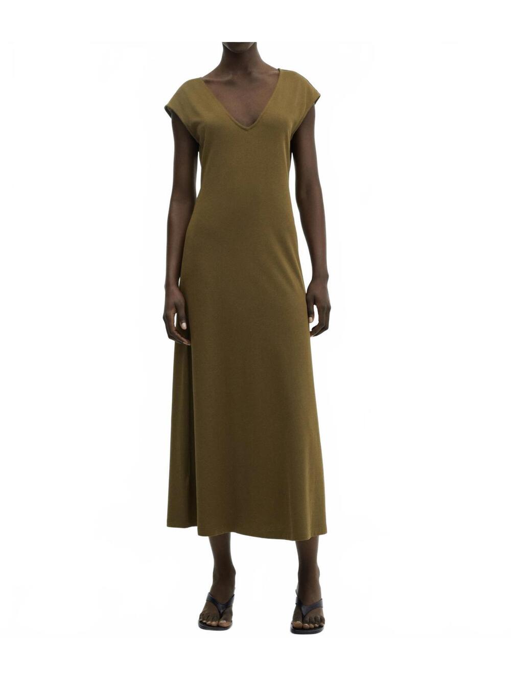Mango V-Neck Cotton Dress Khaki Green NWT Size 2/XS